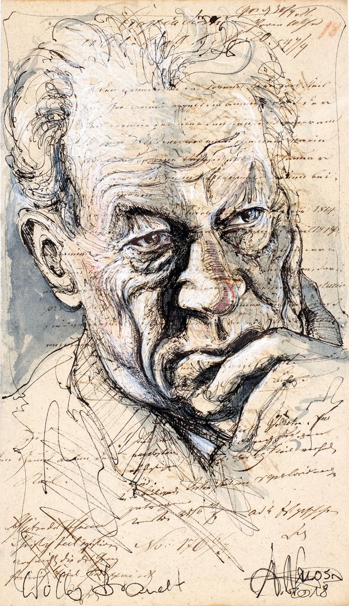 Andreas Noßmann, geb. 1962, Federzeichnung und Aquarell auf antikem Papier , handsign., Titel: Willy Brandt, dat. 2018, Blatt ca. 34,4x20 cm, ...