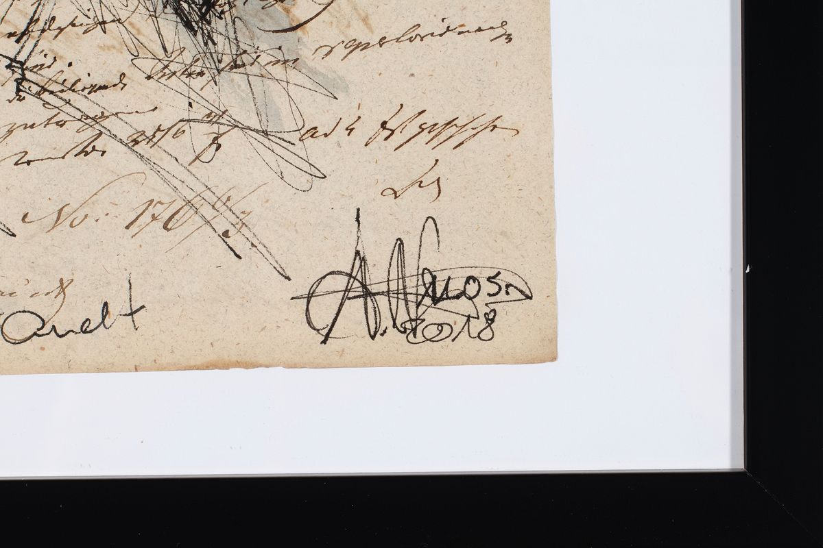 Detail a: Andreas Noßmann, geb. 1962, Federzeichnung und Aquarell auf antikem Papier , handsign., Titel: Willy Brandt, dat. 2018, Blatt ca. 34,4x20 cm, ...