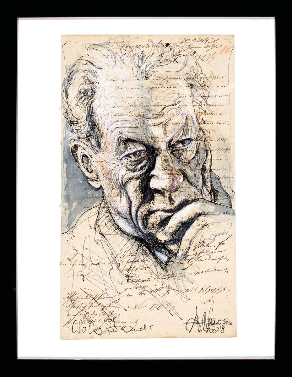 Detail k: Andreas Noßmann, geb. 1962, Federzeichnung und Aquarell auf antikem Papier , handsign., Titel: Willy Brandt, dat. 2018, Blatt ca. 34,4x20 cm, ...