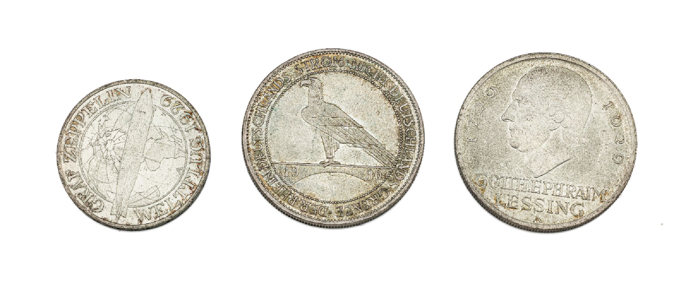 Konvolut 3 Silbermünzen, Weimarer Republik,5 Mark Lessing 1929, 3 Mark Zeppelin 1929, 5 Mark Rhein 1930