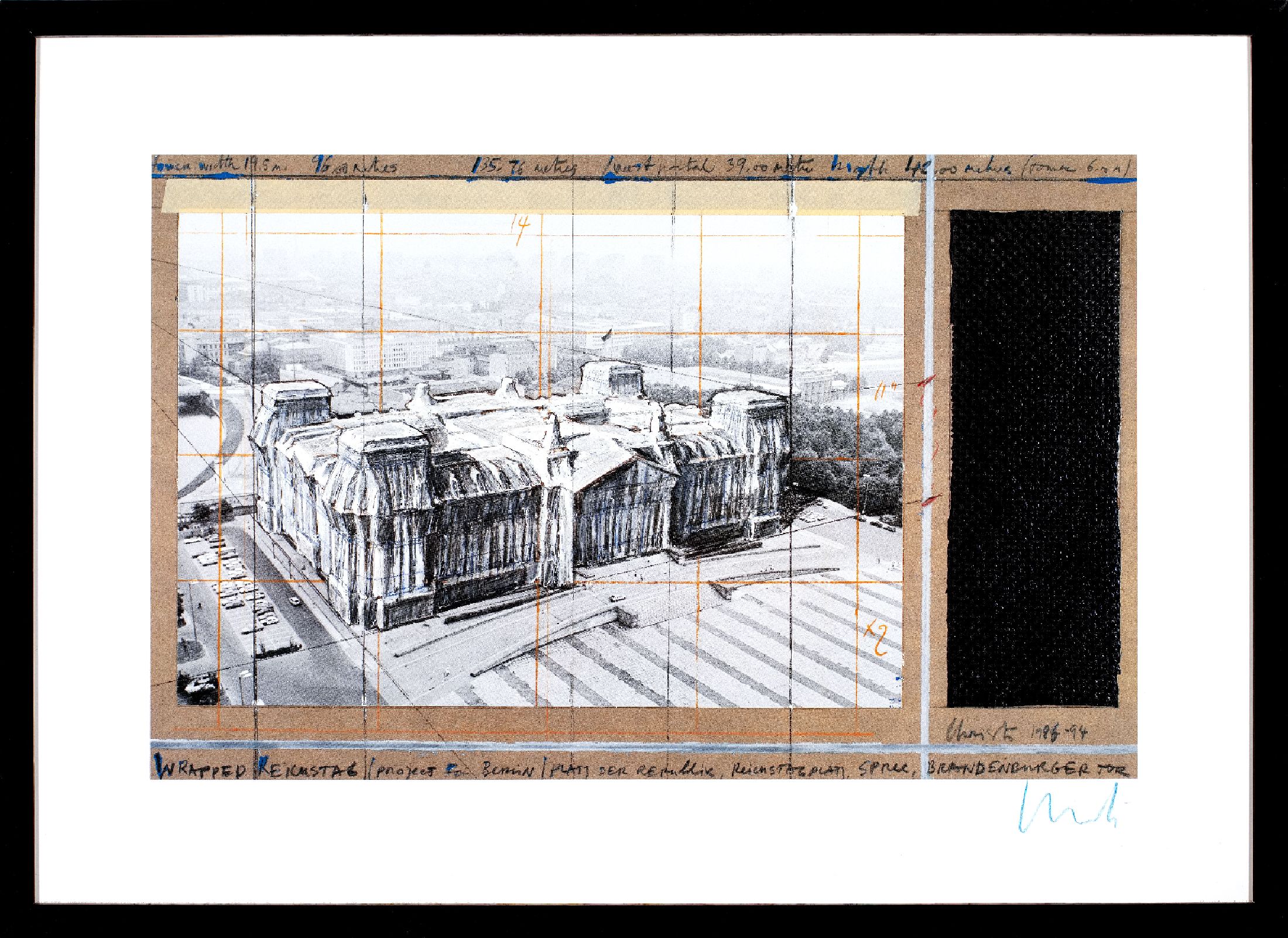 Christo, 1930-2020, Offsetdruck mit geprägtem Foliendruck auf dünnem Karton, "Verhüllter Reichstag", unten rechts mit blauem Wachsstift ...