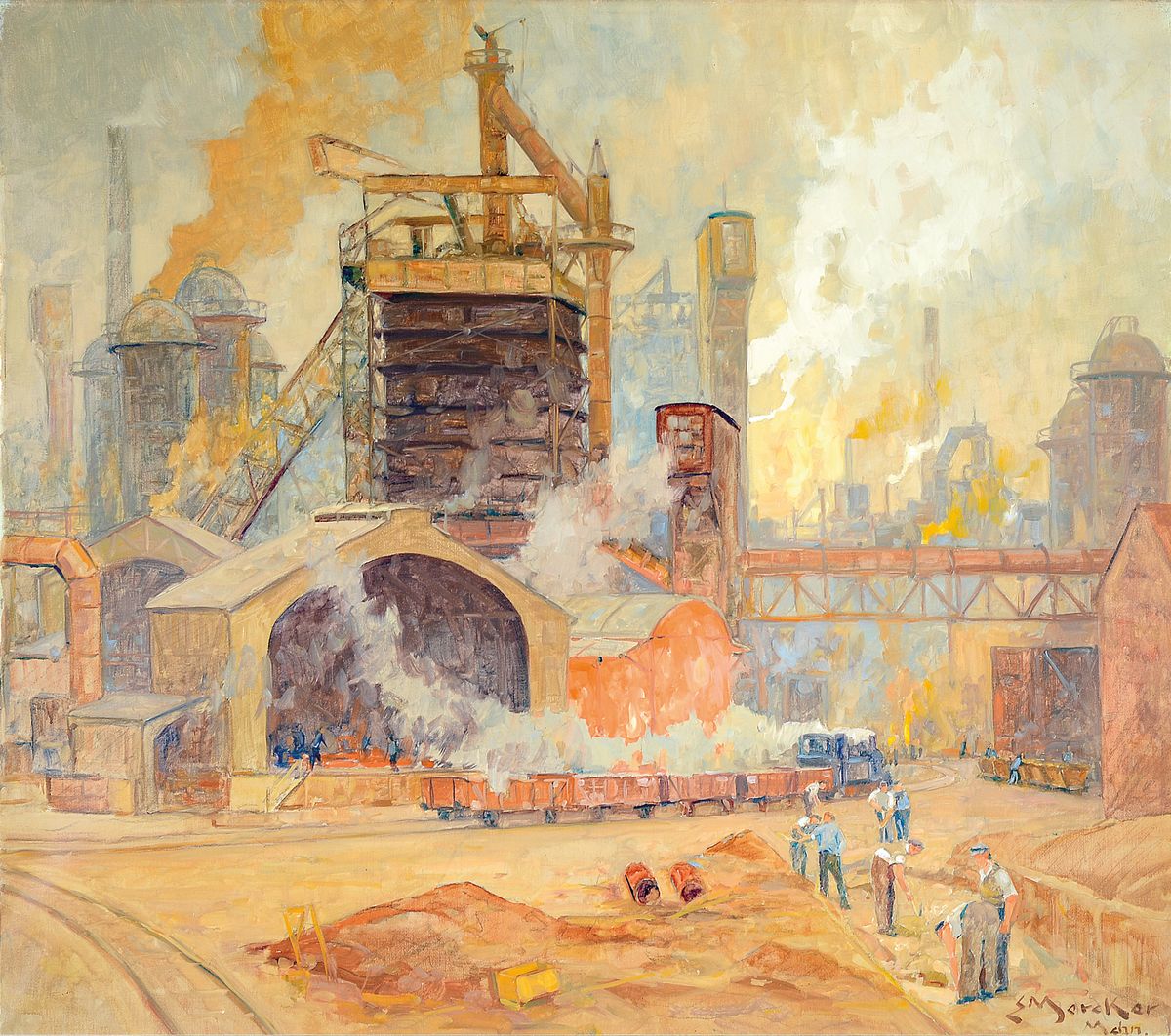 Erich Mercker, Zabern Elsass 1891 -1973 München, Hüttenwerk, rückseitig bez. Ulma, Öl/Lwd, signiert, ca. 70 x 80 cm, Rahmen beschädigt, ca. 88 x ...
