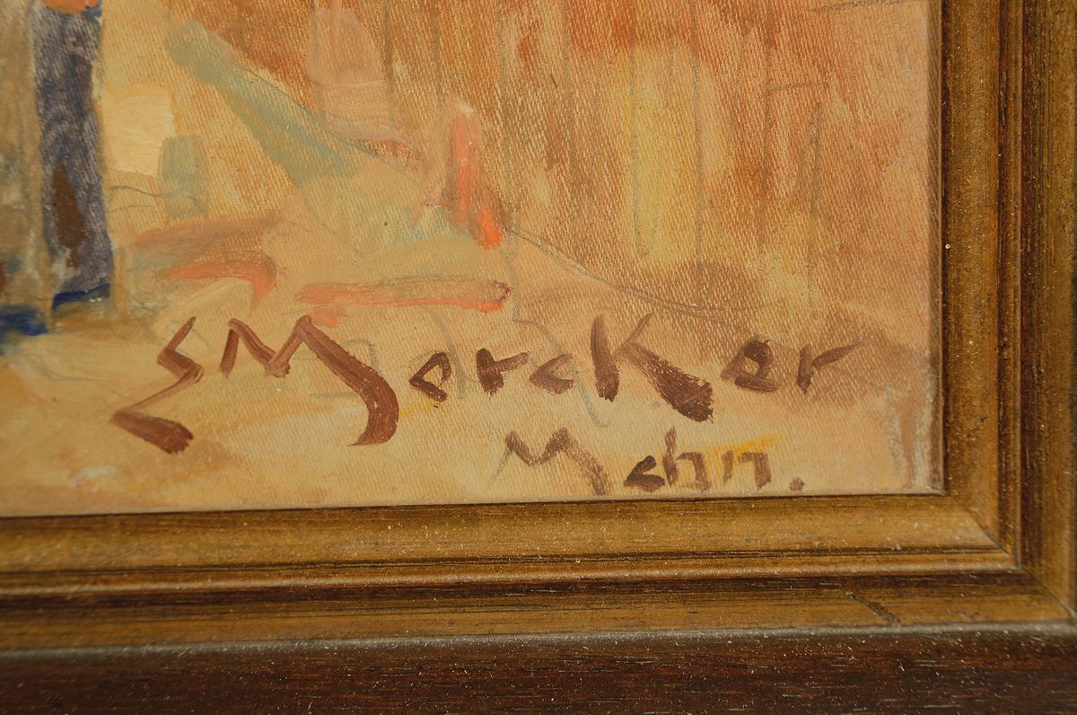 Detail a: Erich Mercker, Zabern Elsass 1891 -1973 München, Hüttenwerk, rückseitig bez. Ulma, Öl/Lwd, signiert, ca. 70 x 80 cm, Rahmen beschädigt, ca. 88 x ...