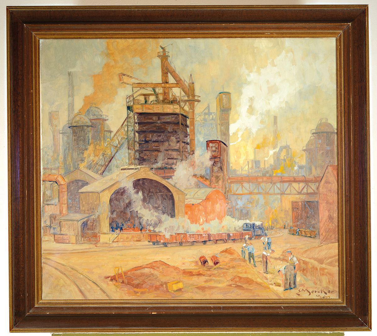 Detail k: Erich Mercker, Zabern Elsass 1891 -1973 München, Hüttenwerk, rückseitig bez. Ulma, Öl/Lwd, signiert, ca. 70 x 80 cm, Rahmen beschädigt, ca. 88 x ...