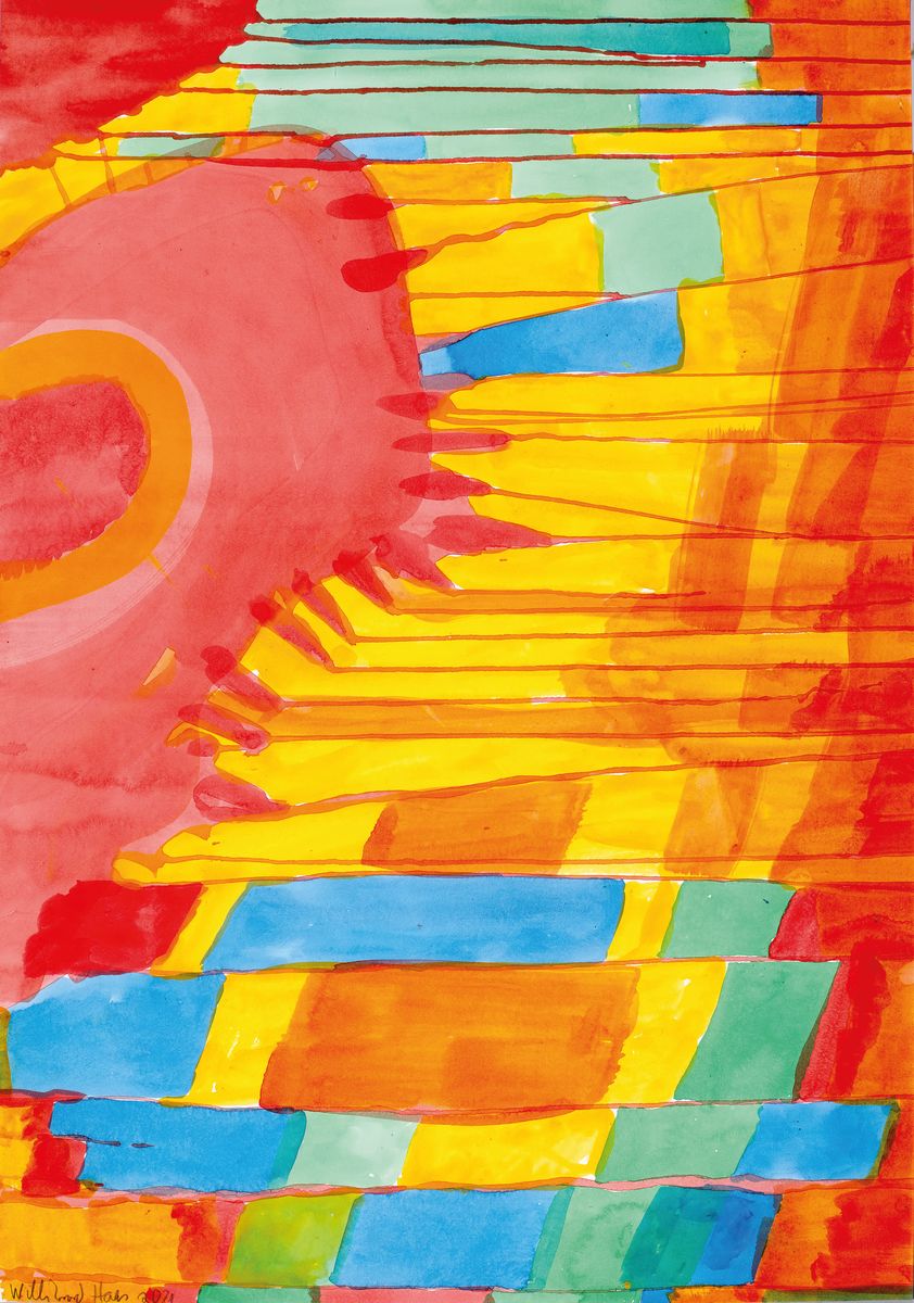 Willibrord Haas, geb. 1936, Aquarell auf dickem Büttenpapier, handsign., dat. 2021, verso betitelt "Abstrahlung von links", erneut ...