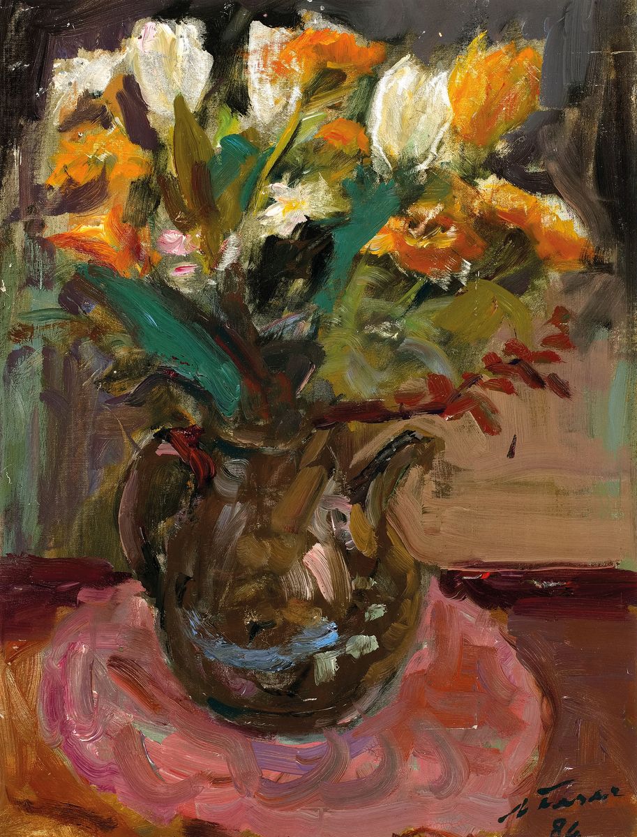 Albert Feser, 1901-1993, "Blumenstilleben, Öl/Malkarton, re. unten sign., dat. (19)86, verso mit Nachlassstempel des Künstlers und Titel, Das ...