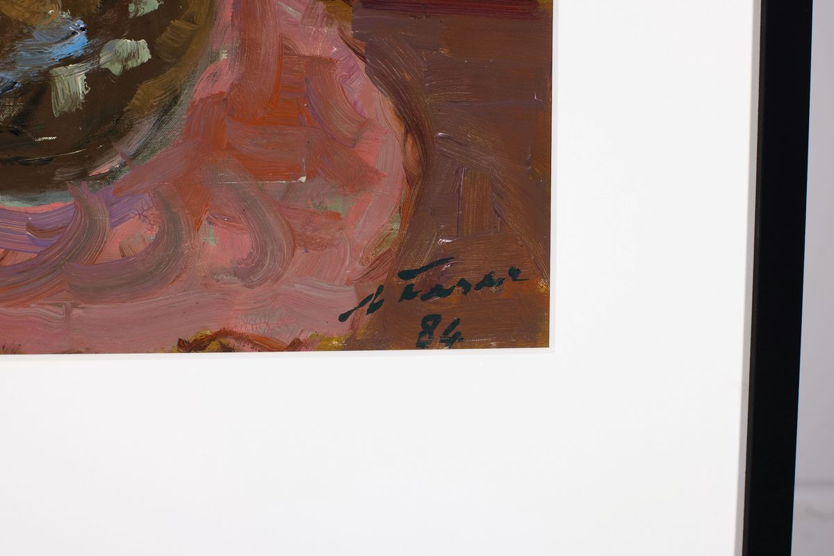 Detail a: Albert Feser, 1901-1993, "Blumenstilleben, Öl/Malkarton, re. unten sign., dat. (19)86, verso mit Nachlassstempel des Künstlers und Titel, Das ...