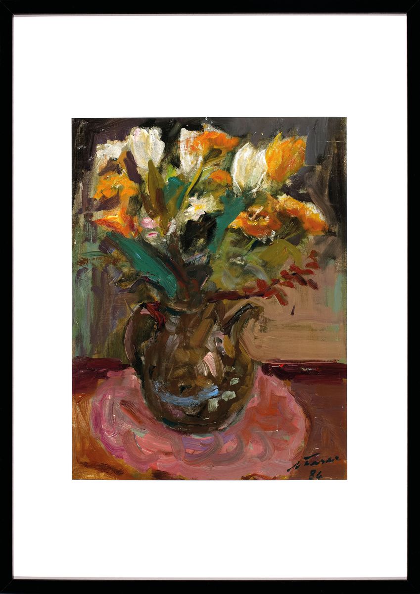 Detail k: Albert Feser, 1901-1993, "Blumenstilleben, Öl/Malkarton, re. unten sign., dat. (19)86, verso mit Nachlassstempel des Künstlers und Titel, Das ...