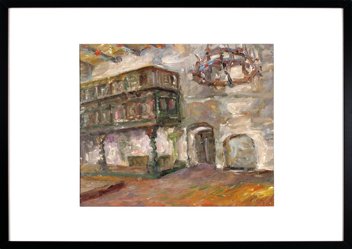 Detail k: Albert Feser, 1901-1993, "Mittelalterlicher Burgfestsaal", Öl/Malkartonunten rechts sign., dat. 1979, verso befindet sich der ...