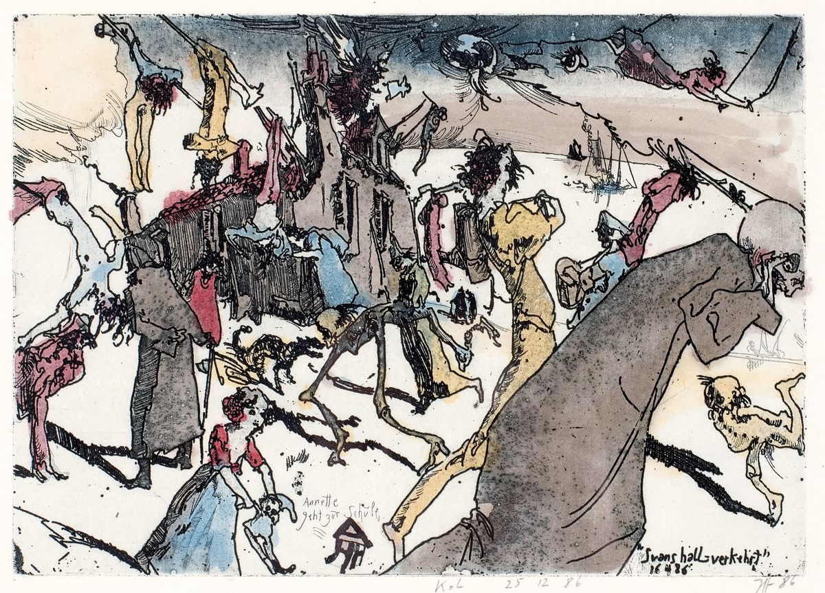 Horst Janssen,1929-1995, Aquarell über Radierung auf Japanbütten, handsign., dat. (19)86, aus dem Zyklus "Svanshall verkehrt", aufgrund ...