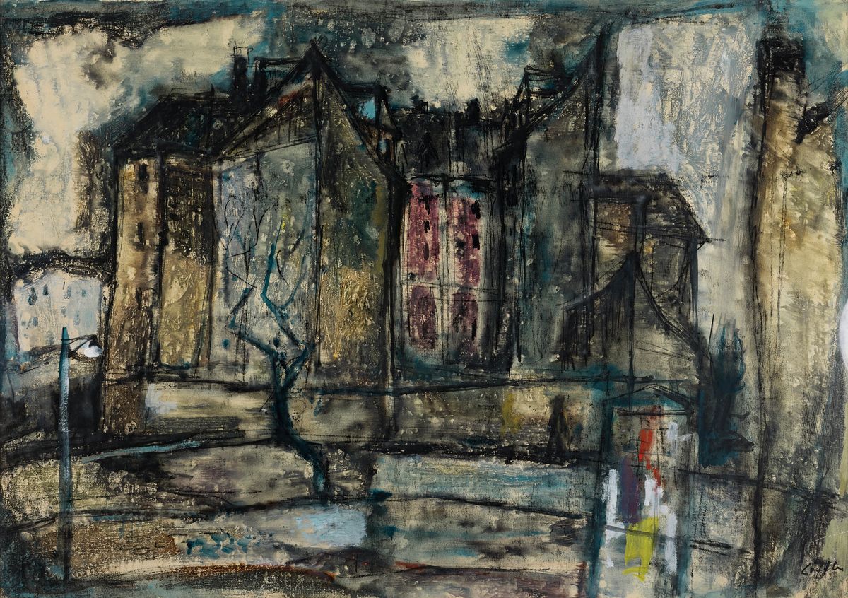 Paul Löffler, 1938-1995 Mannheim, Ansicht aus Mannheim, Aquarell und Gouache auf Papier, rechts unten signiert, ca. 58x99cm, u.Gl., R. ca. 72x102cm