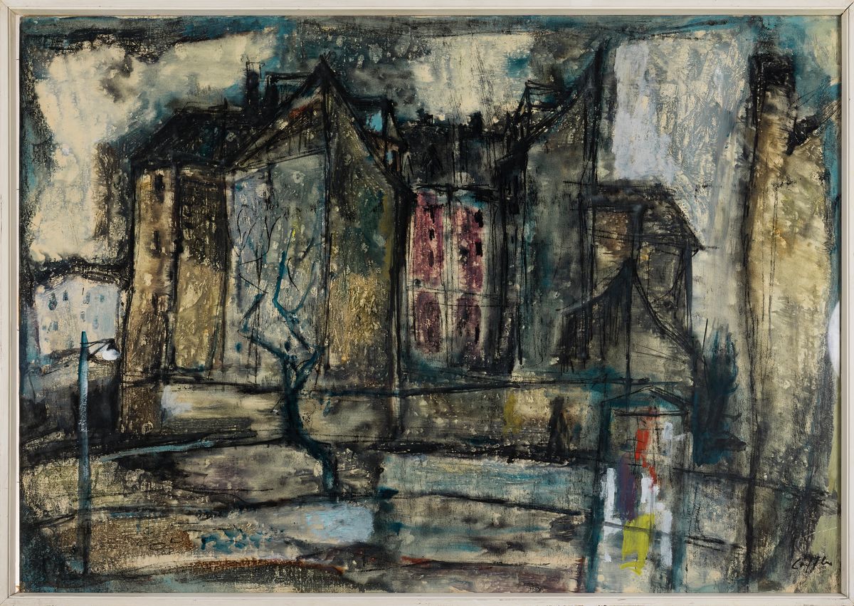 Detail k: Paul Löffler, 1938-1995 Mannheim, Ansicht aus Mannheim, Aquarell und Gouache auf Papier, rechts unten signiert, ca. 58x99cm, u.Gl., R. ca. 72x102cm