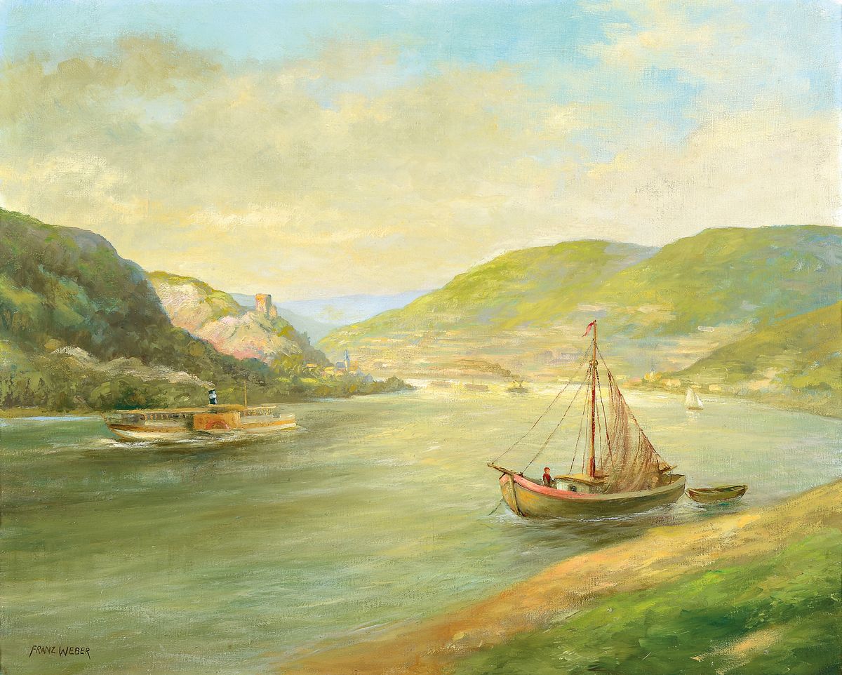 Franz Weber, deutscher Maler der 1. Hälfte des Jh., Rheinlandschaft, Öl/Lwd, links unten signiert, ca. 60x75cm, R. ca. 66x81cm