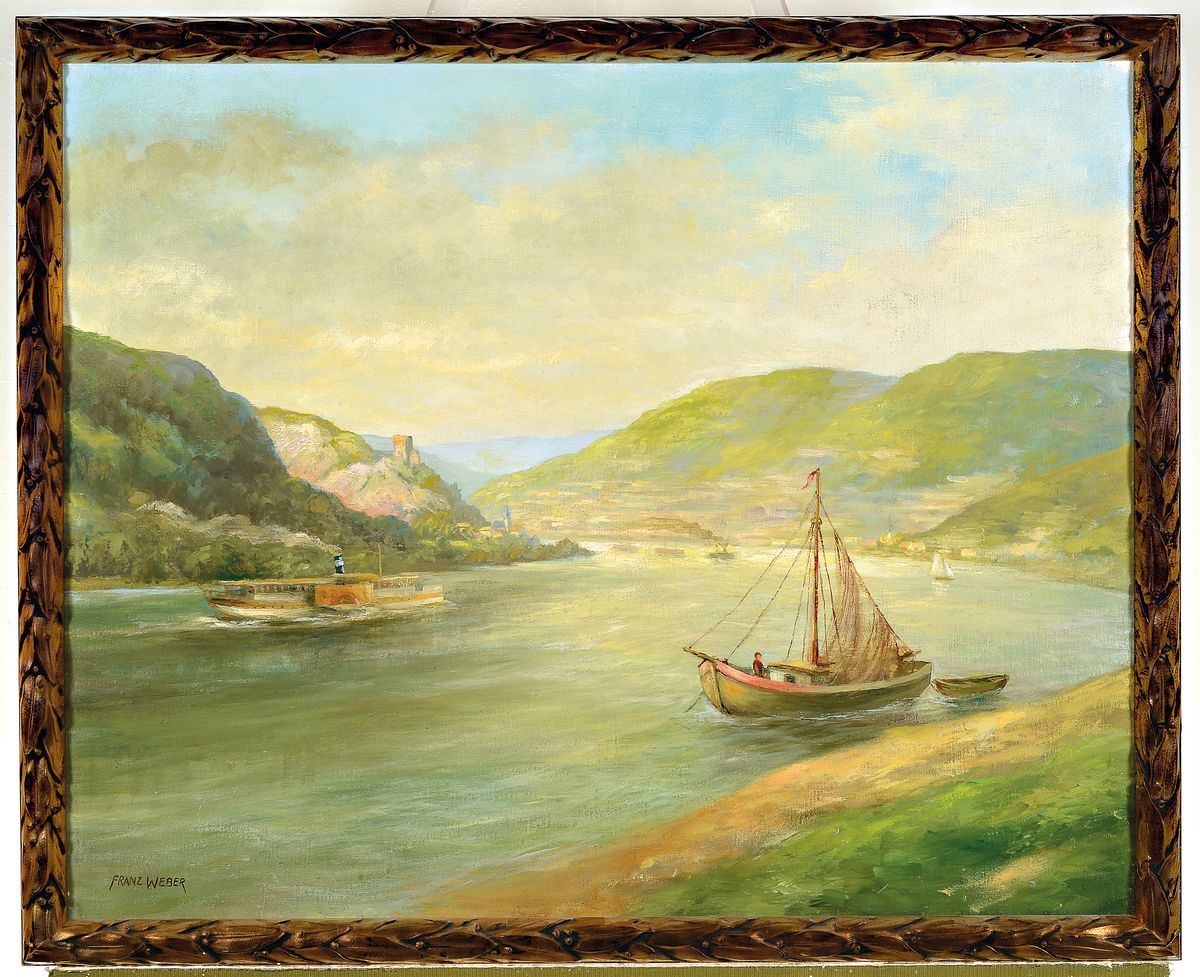 Detail k: Franz Weber, deutscher Maler der 1. Hälfte des Jh., Rheinlandschaft, Öl/Lwd, links unten signiert, ca. 60x75cm, R. ca. 66x81cm