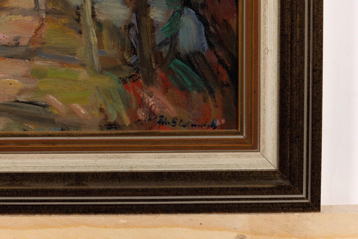 Detail a: Philippe Steinmetz, 1900-1987 Landau, Haus am Bacg, ÖL/Hartfaser, rechts unten signiert, rückseitig Widmung, ca. 26x35cm, R. ca. 35x44cm