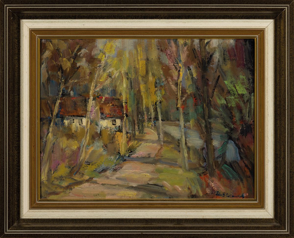 Detail k: Philippe Steinmetz, 1900-1987 Landau, Haus am Bacg, ÖL/Hartfaser, rechts unten signiert, rückseitig Widmung, ca. 26x35cm, R. ca. 35x44cm