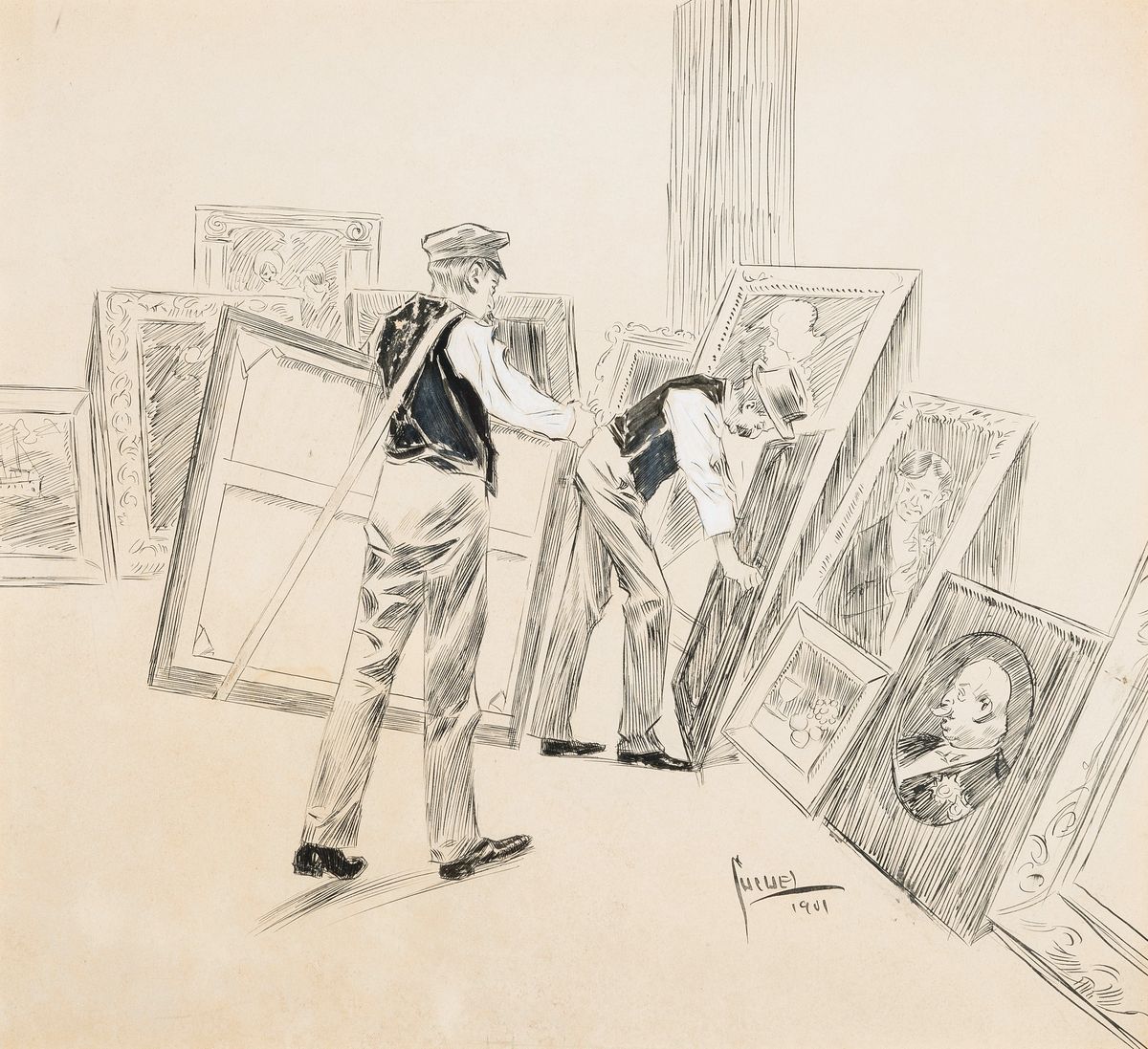 Edward Cucuel, 1875-1954, Tuschezeichnung, weiß gehöht, handsign., dat.1901, Titel: "Hängetag...Dresden", mit Echtheitszertifikat ...