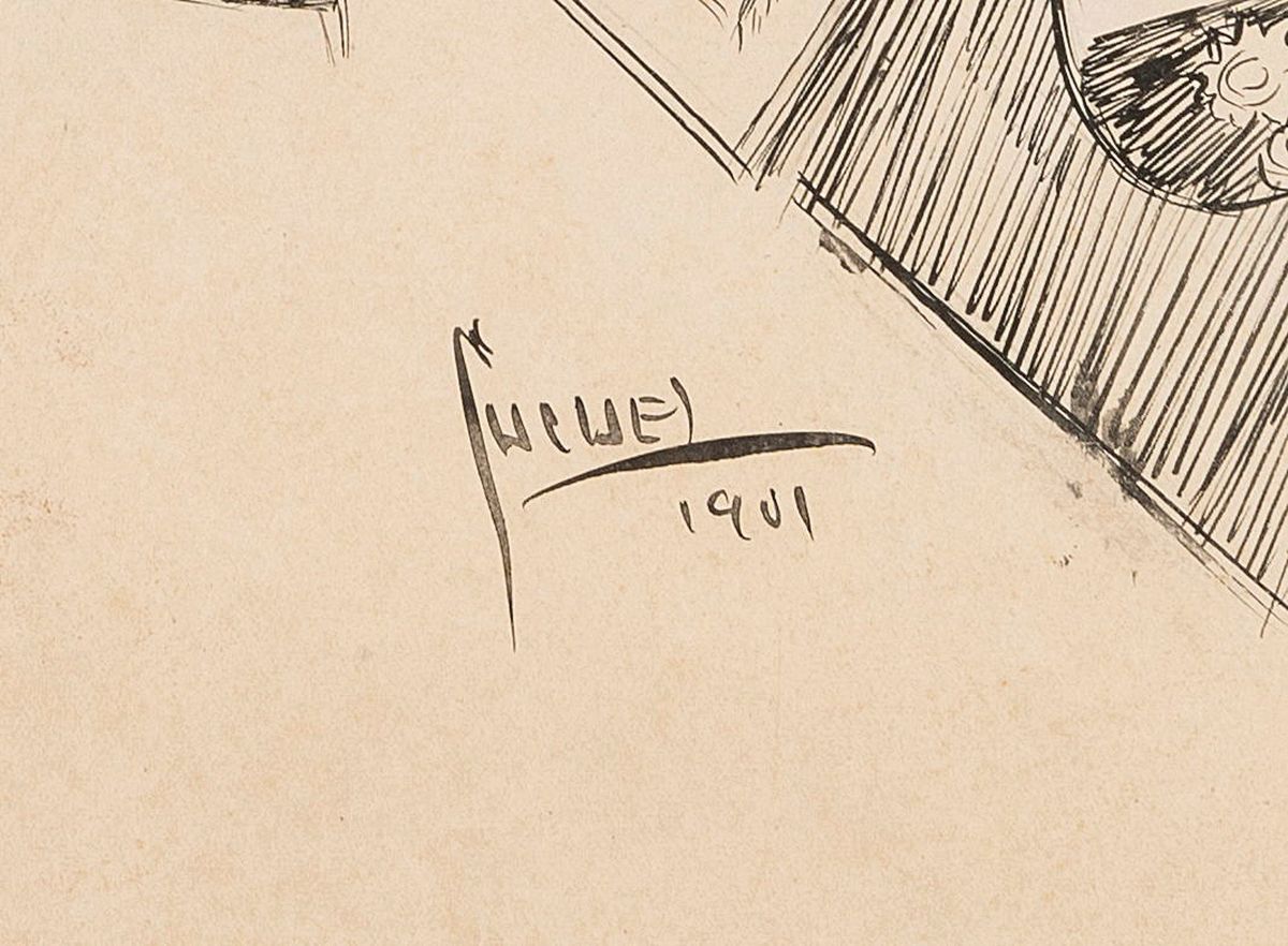 Detail a: Edward Cucuel, 1875-1954, Tuschezeichnung, weiß gehöht, handsign., dat.1901, Titel: "Hängetag...Dresden", mit Echtheitszertifikat ...