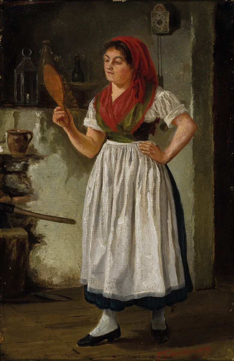 Gustav Guthknecht, geb. 1843 in Berlin, Junge Frau in Tracht, sich in einem Handspiegel betrachtend, Öl/Lwd, rechts unten signiert, ca. 22x15cm, R. ...