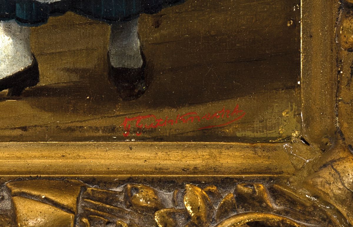 Detail a: Gustav Guthknecht, geb. 1843 in Berlin, Junge Frau in Tracht, sich in einem Handspiegel betrachtend, Öl/Lwd, rechts unten signiert, ca. 22x15cm, R. ...