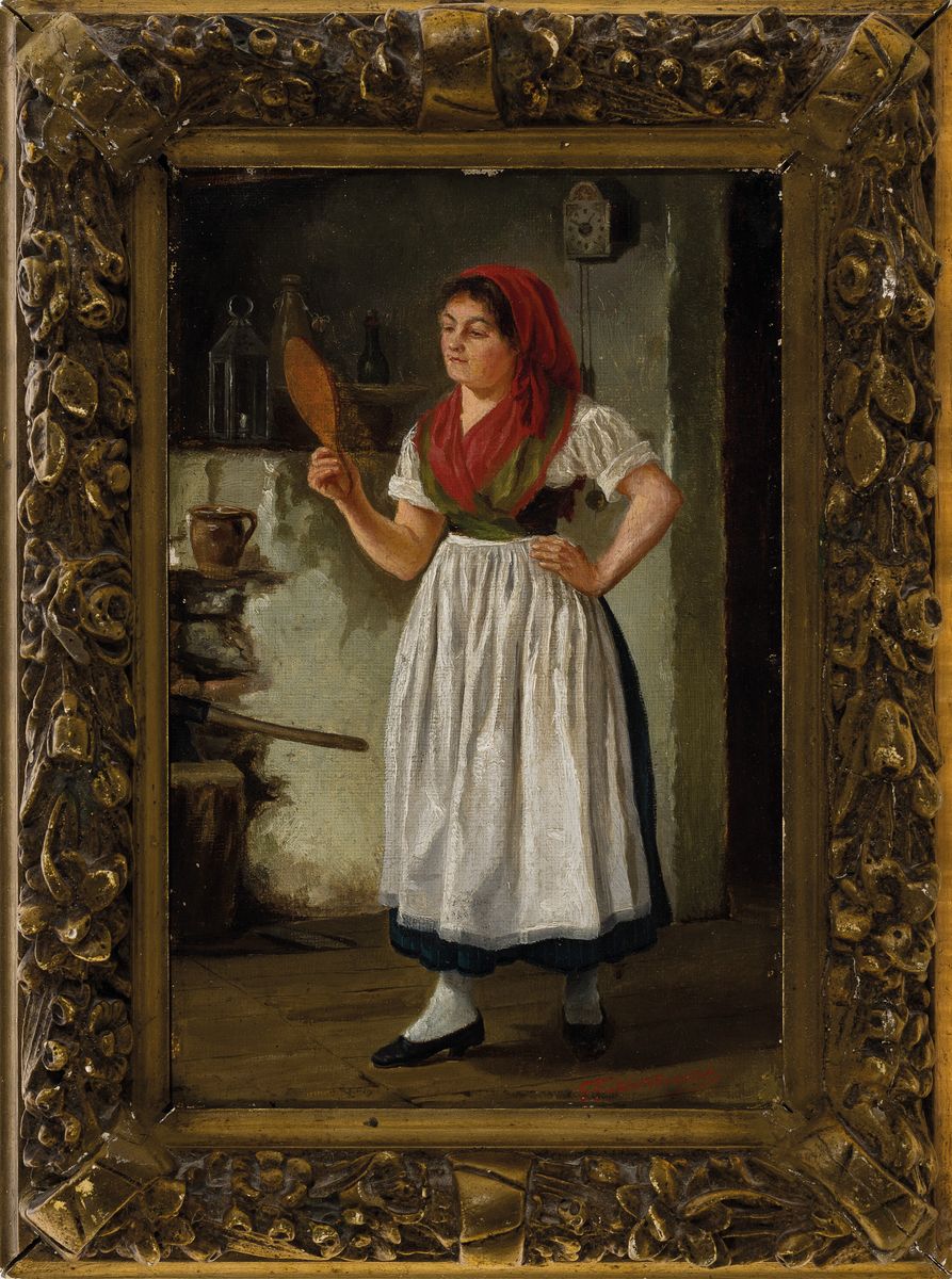 Detail k: Gustav Guthknecht, geb. 1843 in Berlin, Junge Frau in Tracht, sich in einem Handspiegel betrachtend, Öl/Lwd, rechts unten signiert, ca. 22x15cm, R. ...