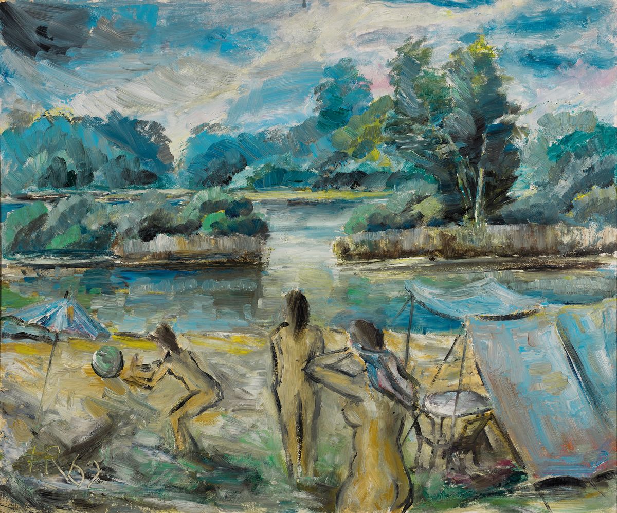 Heinz Reiss, 1923-2012 Haßloch, Badende am Altrhein, Öl/Hartfaser, links unten monogr. und dat. 62, ca. 50x60cm, R. ca. 53x63cm