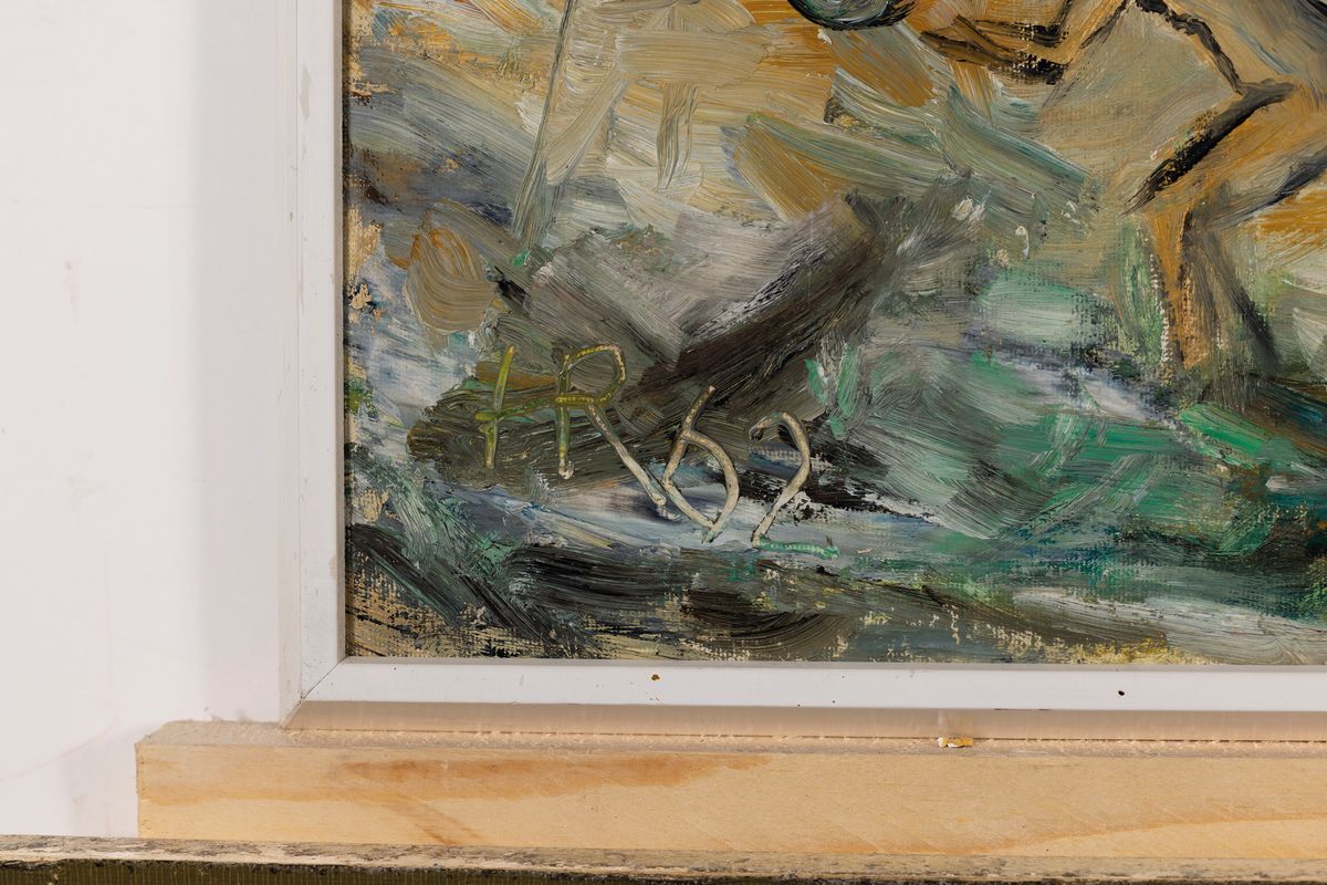 Detail a: Heinz Reiss, 1923-2012 Haßloch, Badende am Altrhein, Öl/Hartfaser, links unten monogr. und dat. 62, ca. 50x60cm, R. ca. 53x63cm