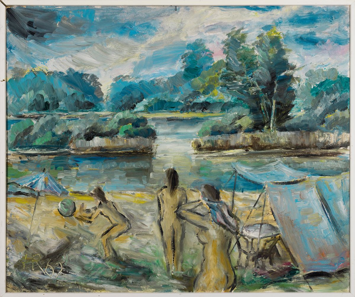 Detail k: Heinz Reiss, 1923-2012 Haßloch, Badende am Altrhein, Öl/Hartfaser, links unten monogr. und dat. 62, ca. 50x60cm, R. ca. 53x63cm