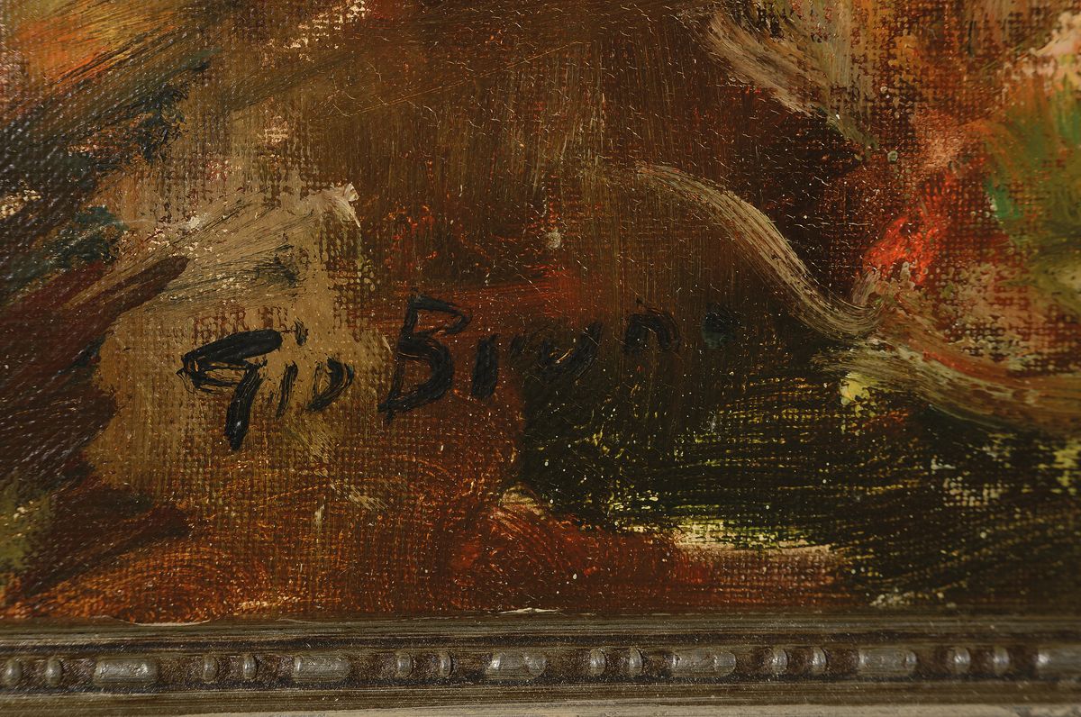 Detail a: Giovanni Bruno, Maler des 20. Jh., Herbstliche Uferlandschaft am See, Öl/Lwd, links unten signiert, ca. 60x80cm, R. ca. 75x95cm