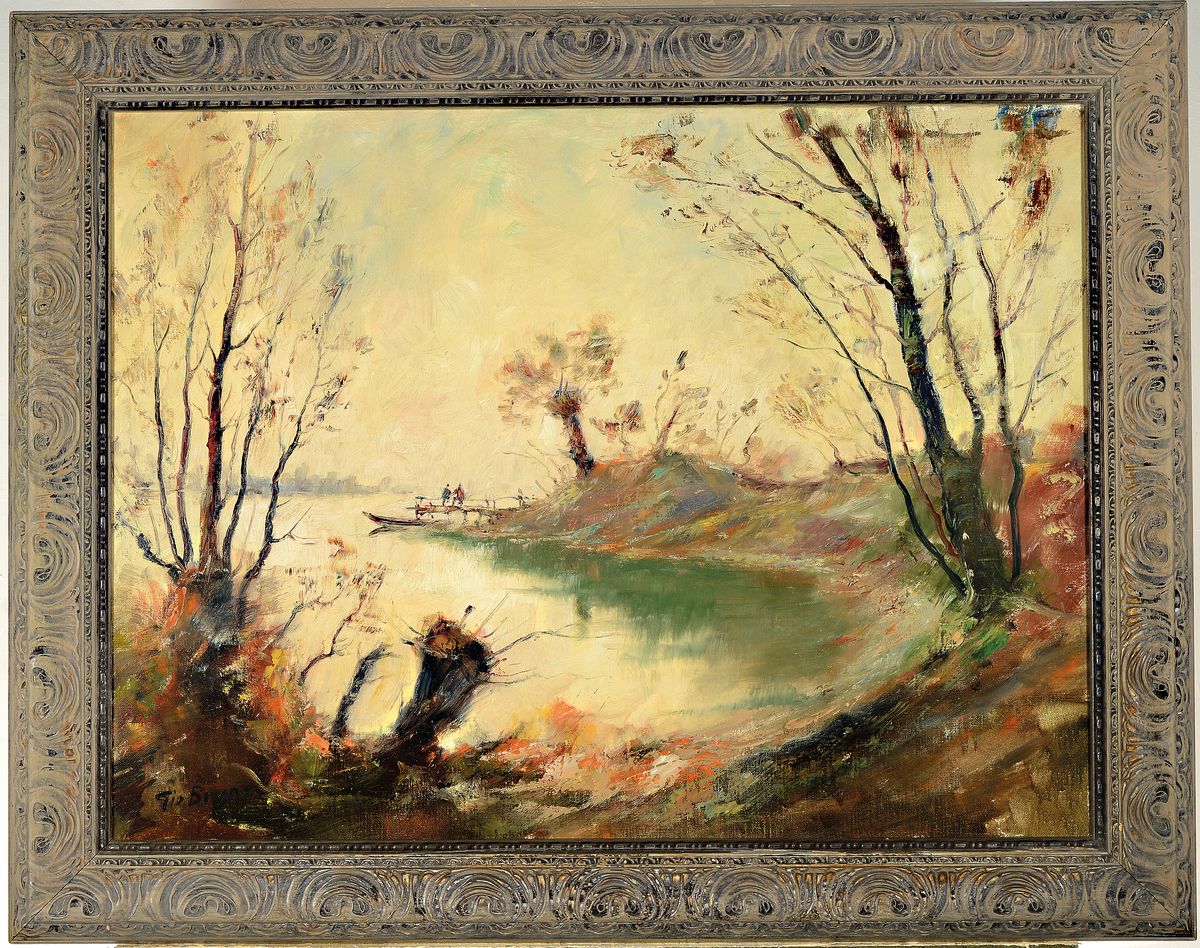 Detail k: Giovanni Bruno, Maler des 20. Jh., Herbstliche Uferlandschaft am See, Öl/Lwd, links unten signiert, ca. 60x80cm, R. ca. 75x95cm