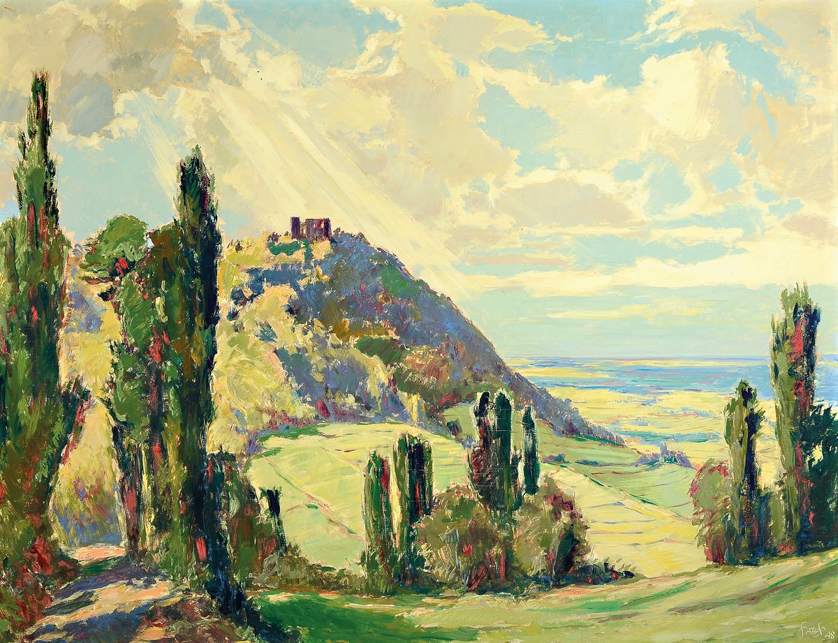 Karl Graf, 1902 Rothenburg ob der Tauber-1986 Speyer, Blick auf das Hambacher Schloß, Öl/Holz, rechts unten signiert und dat. 48, ca. 100x125cm, R. ...