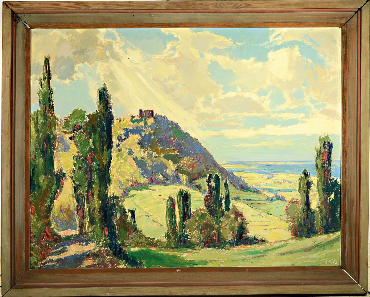 Detail k: Karl Graf, 1902 Rothenburg ob der Tauber-1986 Speyer, Blick auf das Hambacher Schloß, Öl/Holz, rechts unten signiert und dat. 48, ca. 100x125cm, R. ...