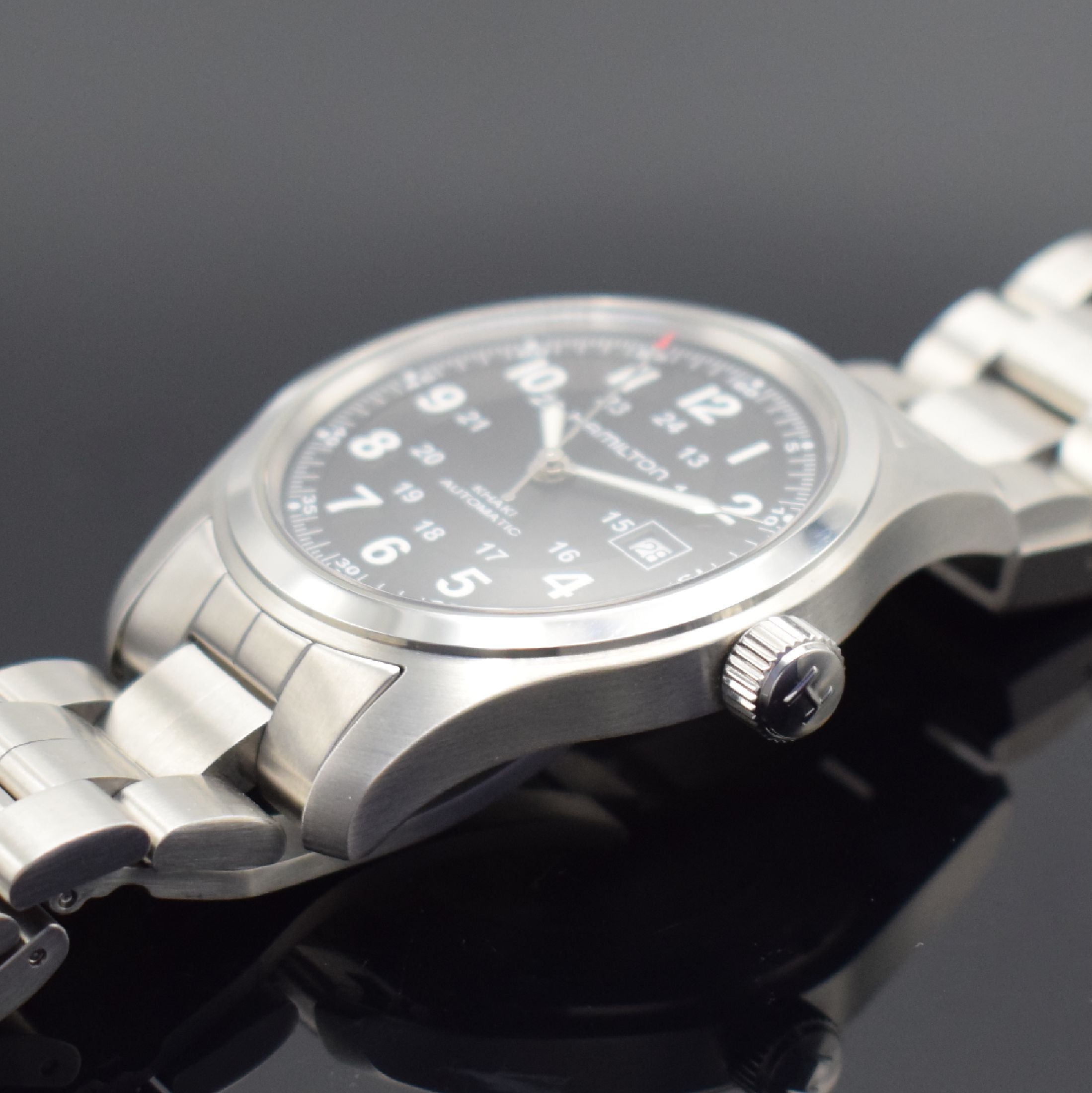 Detail c: HAMILTON Khaki neuwertige Herrenarmbanduhr in Stahl Referenz H70515137, Schweiz verk. lt. beil. Pap. 12/2022, Automatik, beids. vergl. Geh., Boden ...