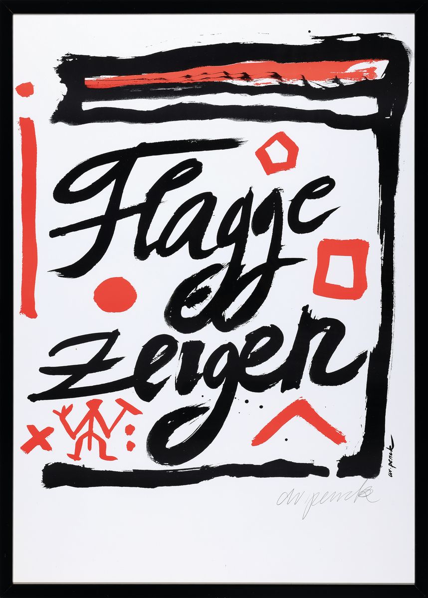 Detail k: A.R.Penck, 1939-2017, Serigrafie auf Karton, "Flagge zeigen", handsign., aus 1995, Auflage 35, Blatt ca. 84x59,5 cm, R. 87x63cm, Rahmen mit ...