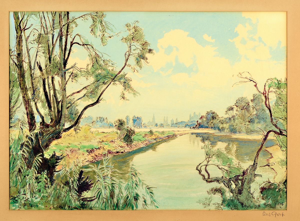 Karl Graf, 1902 Rothenburg ob der Tauber-1986 Speyer, Blick über den Rhein auf den Dom zu Speyer, Gouache auf Papier, rechts unten signiert, ca. ...