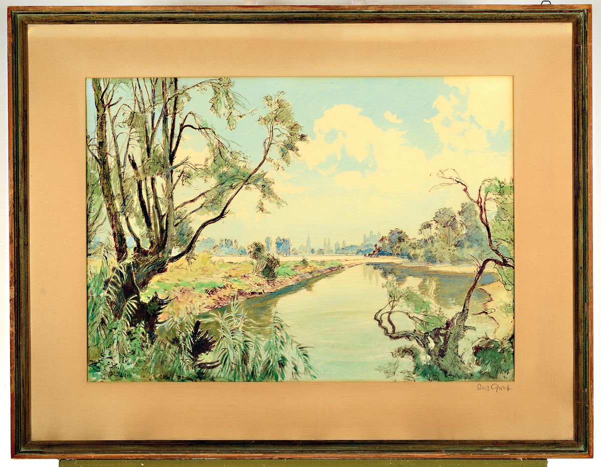 Detail k: Karl Graf, 1902 Rothenburg ob der Tauber-1986 Speyer, Blick über den Rhein auf den Dom zu Speyer, Gouache auf Papier, rechts unten signiert, ca. ...