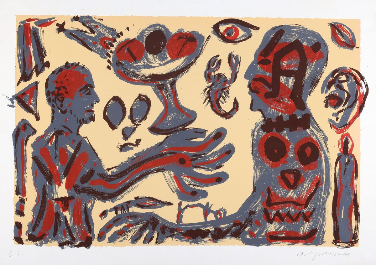 A.R. Penck 1939-2017, Farbsiebdruck auf Karton, handsign., bezeichnet e.a., Blatt ca.70x100 cm, R.71x101 cm