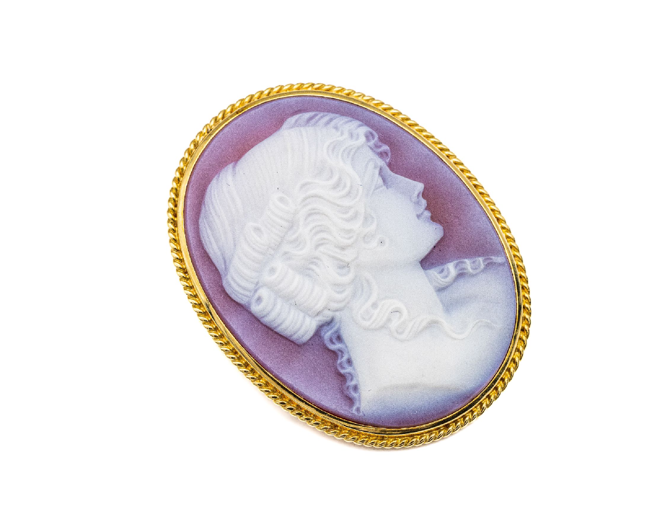 18 kt Gold Lagensteinkamee-Brosche, GG 750/000, Kordelverzierung, Frauenportrait, Meistermarke verschlagen, L. ca. 4 cm