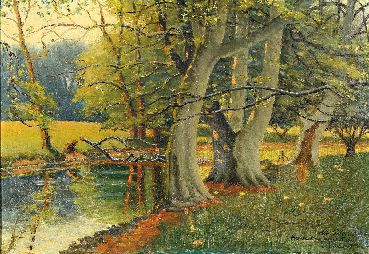 Albert Pertersen, 1875-1957, Ausbildung in Kopenhagen, Auslandsaufenthalte in Dresden, Rom, Wien u. Paris, hier: Waldlandschaft am Fluss, Öl/Lwd, ...