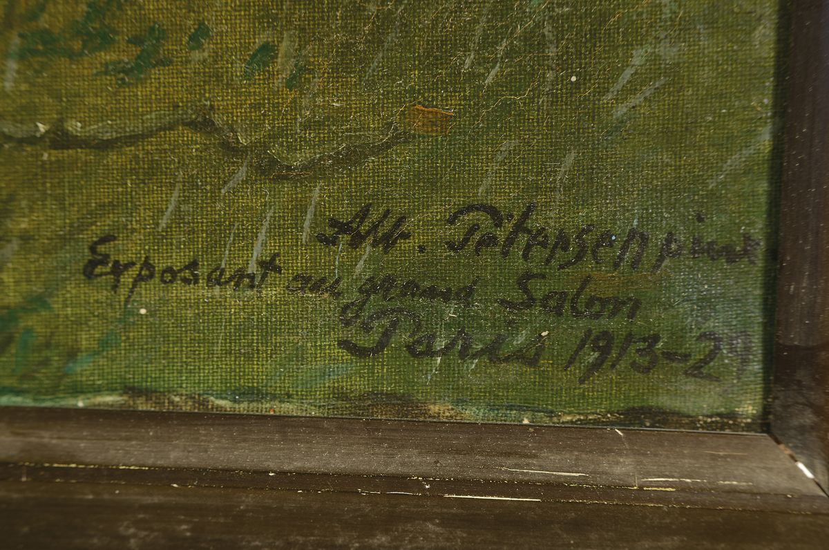 Detail a: Albert Pertersen, 1875-1957, Ausbildung in Kopenhagen, Auslandsaufenthalte in Dresden, Rom, Wien u. Paris, hier: Waldlandschaft am Fluss, Öl/Lwd, ...