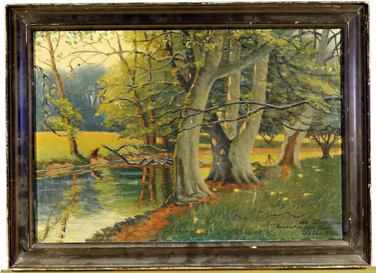 Detail k: Albert Pertersen, 1875-1957, Ausbildung in Kopenhagen, Auslandsaufenthalte in Dresden, Rom, Wien u. Paris, hier: Waldlandschaft am Fluss, Öl/Lwd, ...
