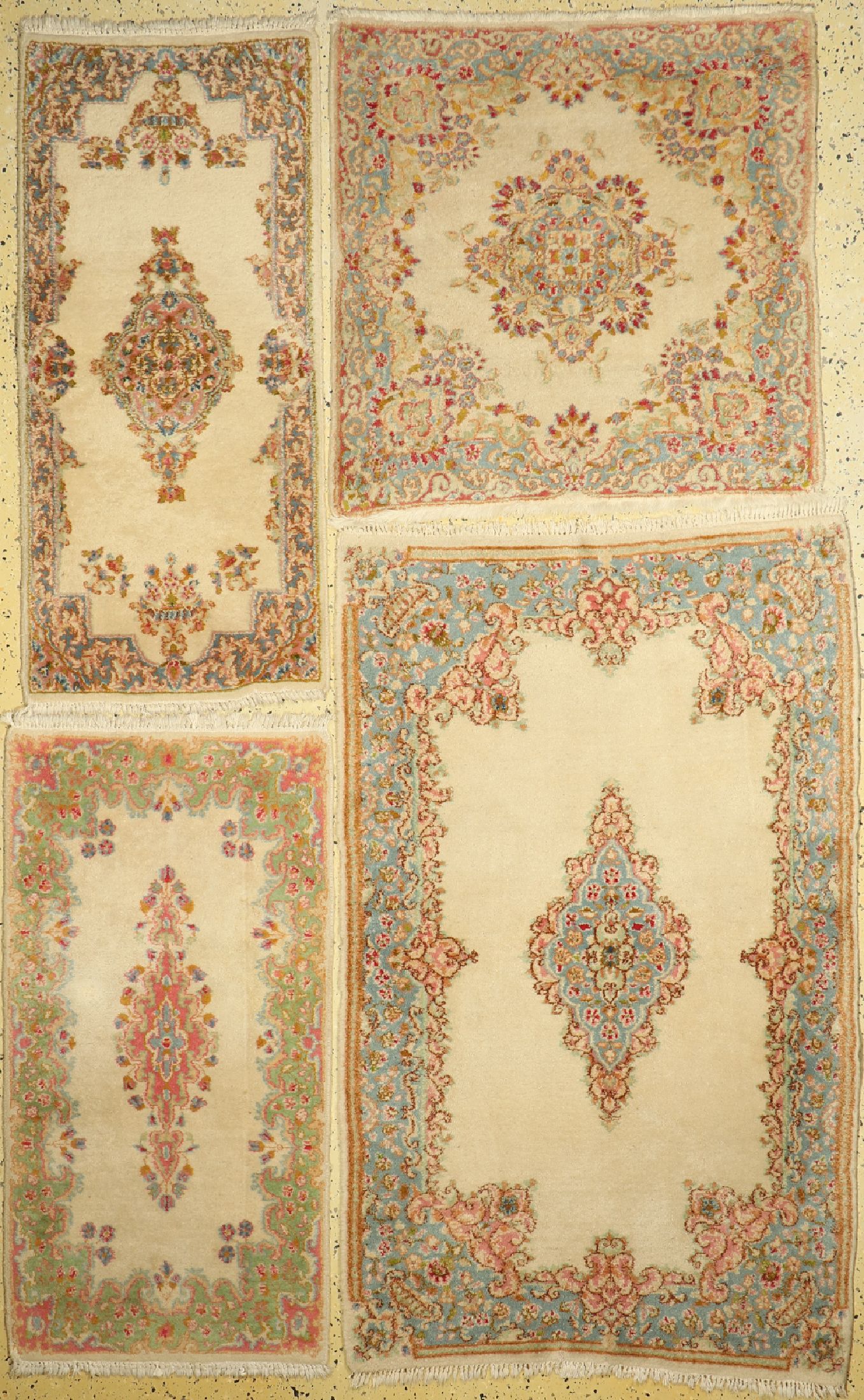 Konvolut 4 Kerman, Persien, ca. 50 Jahre, Wolle auf Baumwolle, ca. 155 x 95 cm, ca. 90 x 90 cm, ca. 120 x 62 cm, EHZ: 2