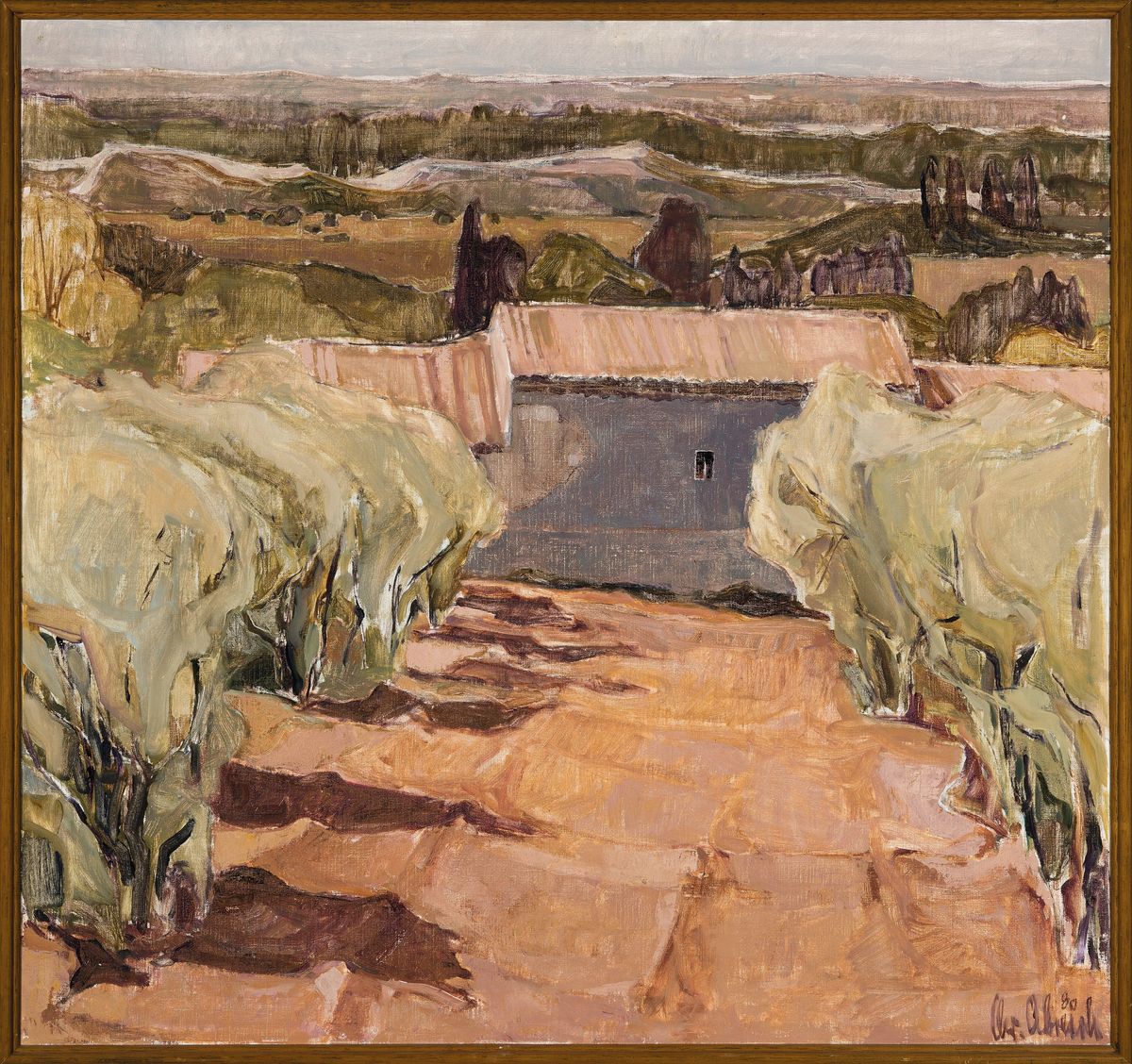Detail k: Christel Abresch, 1931 Sulzbach-2011 Neustadt a. d. Wenstraße, Landschaft in der Provence, Öl/Lwd, rechts unten sign. und dat. 80, ca. 80x84cm, R.