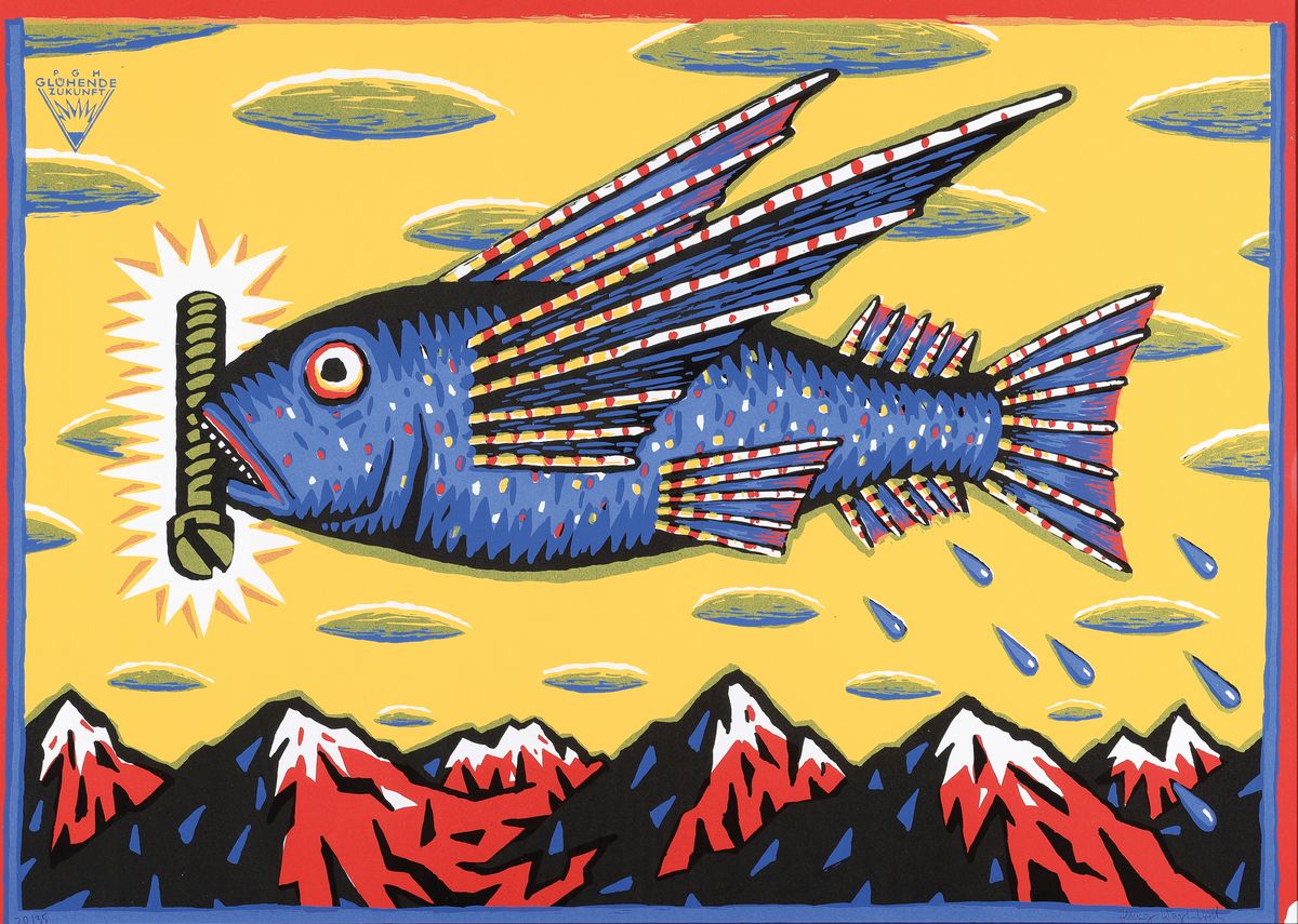 Henning Wagenbreth, geb. 1962, glühende Zukunft, Farbserigrafie auf dickem Karton, handsign., num.20/35, unter Glas, R. ca. 63x87 cm
