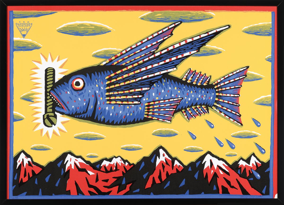 Detail k: Henning Wagenbreth, geb. 1962, glühende Zukunft, Farbserigrafie auf dickem Karton, handsign., num.20/35, unter Glas, R. ca. 63x87 cm
