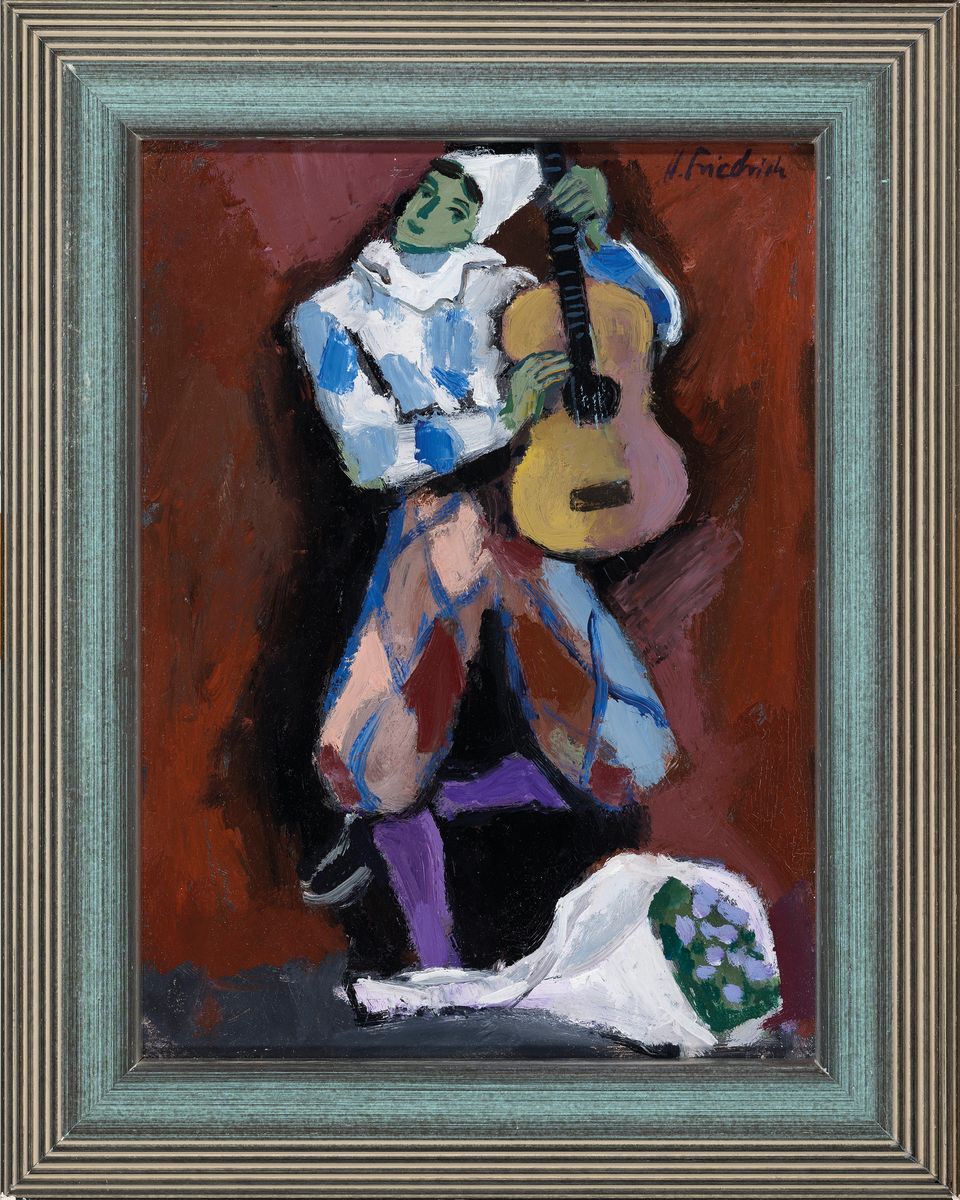 Detail k: Heinz Friedrich, 1924-2018 Schwetzingen, Harlekin mit Blumen und Gitarre, Öl/Malkarton, rechts oben sign., ca. 33x25cm, R. ca. 42x33 cm