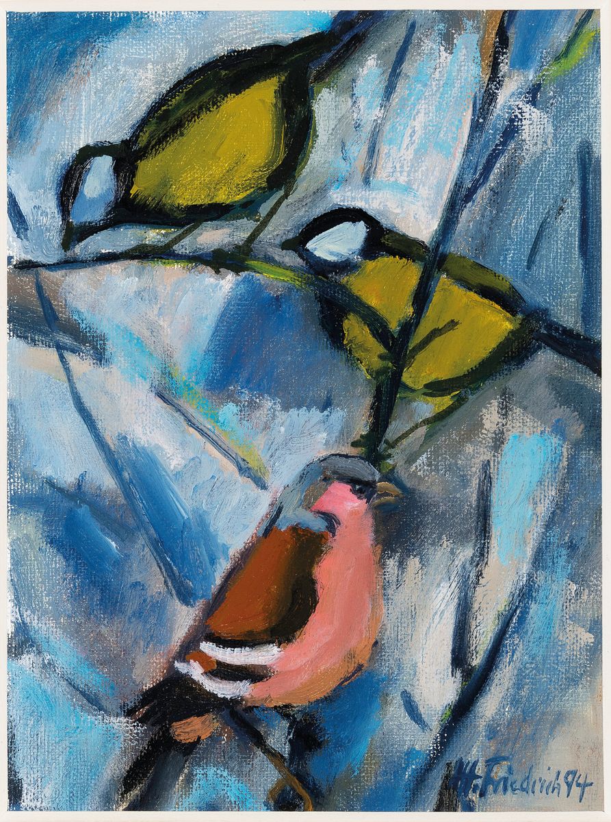Heinz Friedrich, 1924-2018 Schwetzingen, Vögel im Geäst, Öl/Malkarton, rechts unten sign. und dat. 94, ca. 23x17cm, PP, R. ca. 42x36.5cm