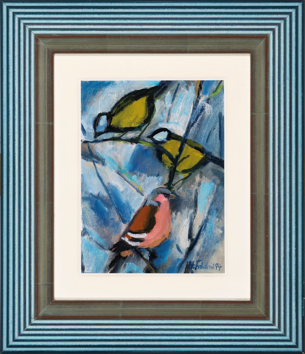 Detail k: Heinz Friedrich, 1924-2018 Schwetzingen, Vögel im Geäst, Öl/Malkarton, rechts unten sign. und dat. 94, ca. 23x17cm, PP, R. ca. 42x36.5cm