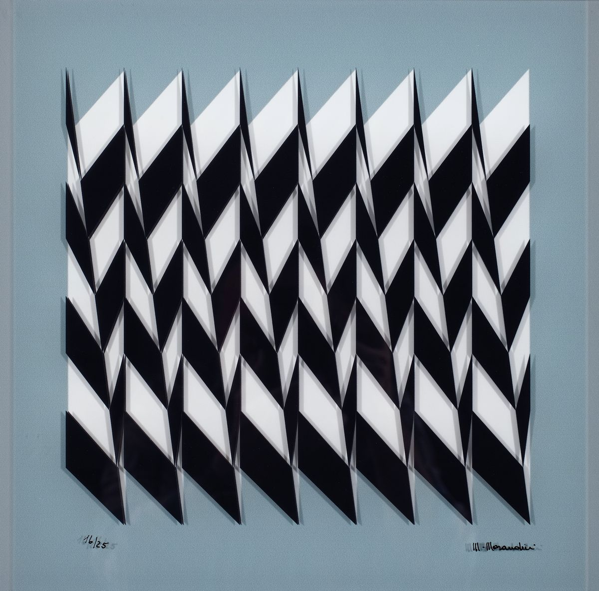 Marcello Morandini, geb. 1940, 3D-Konstruktion aus 2 geschichteten Plexiglas- platten, eingefasst in hochwertigem Holzrahmen, handsign., num. 16/25, ...