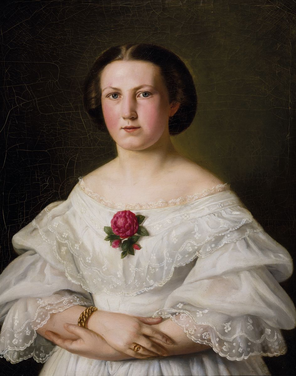 Ferdinand Theodor Hildebrand, 1804-1874, Porträt, junge Frau im weißen Spitzenkleid, sehr hohe Stofflichkeit, feines Inkarnat, die Junge Frau ...